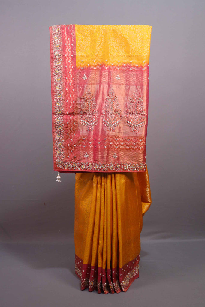 Yellow Banarasi Silk Saree with Zari Floral Weaving Rich Border