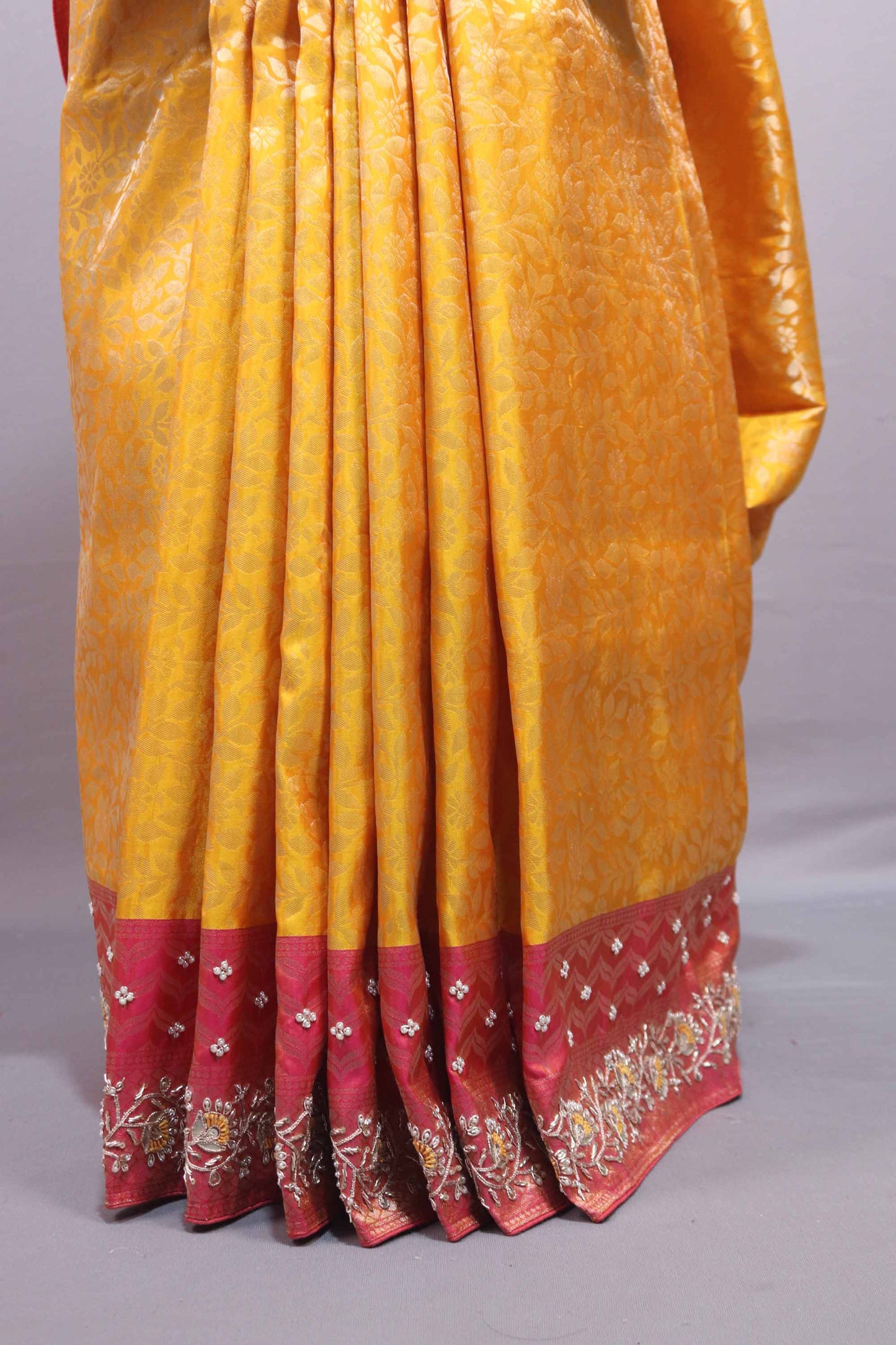 Yellow Banarasi Silk Saree with Zari Floral Weaving Rich Border