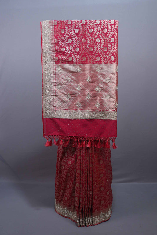 Red Banarasi Silk Saree with Gold Zari Floral Weaving Heavy Border
