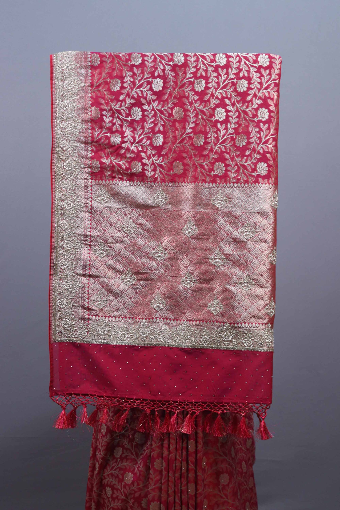 Red Banarasi Silk Saree with Gold Zari Floral Weaving Heavy Border