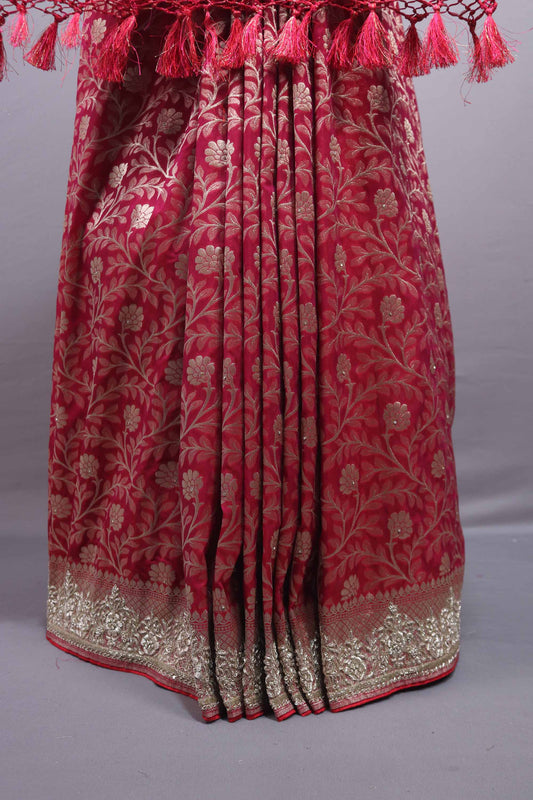 Red Banarasi Silk Saree with Gold Zari Floral Weaving Heavy Border