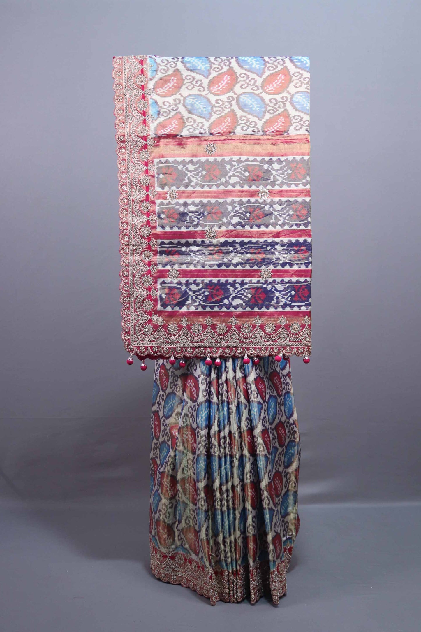 Multicolor Designer Silk Saree with Digital Print Embroidered Border 