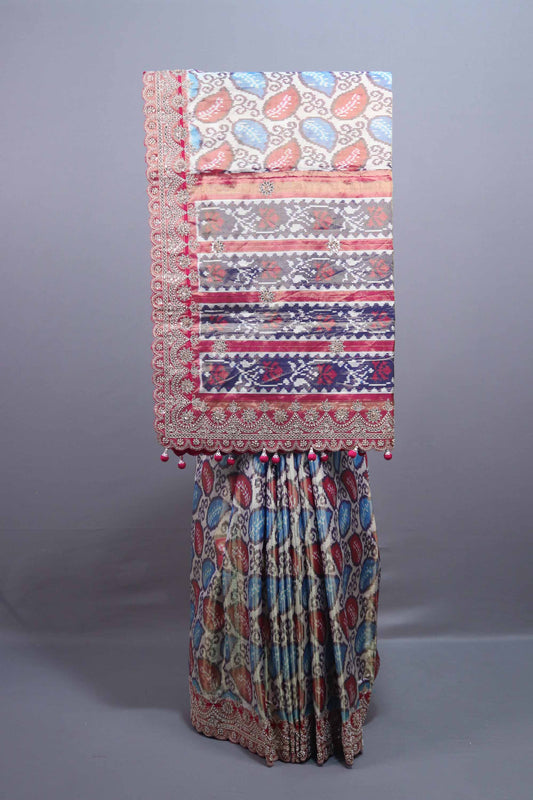 Multicolor Designer Silk Saree with Digital Print Embroidered Border 