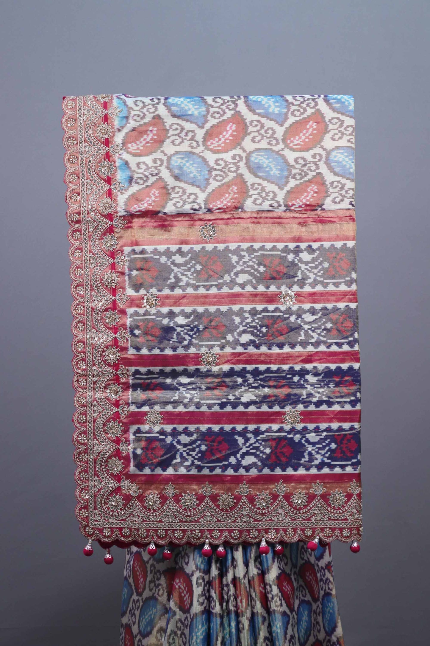 Multicolor Designer Silk Saree with Digital Print Embroidered Border