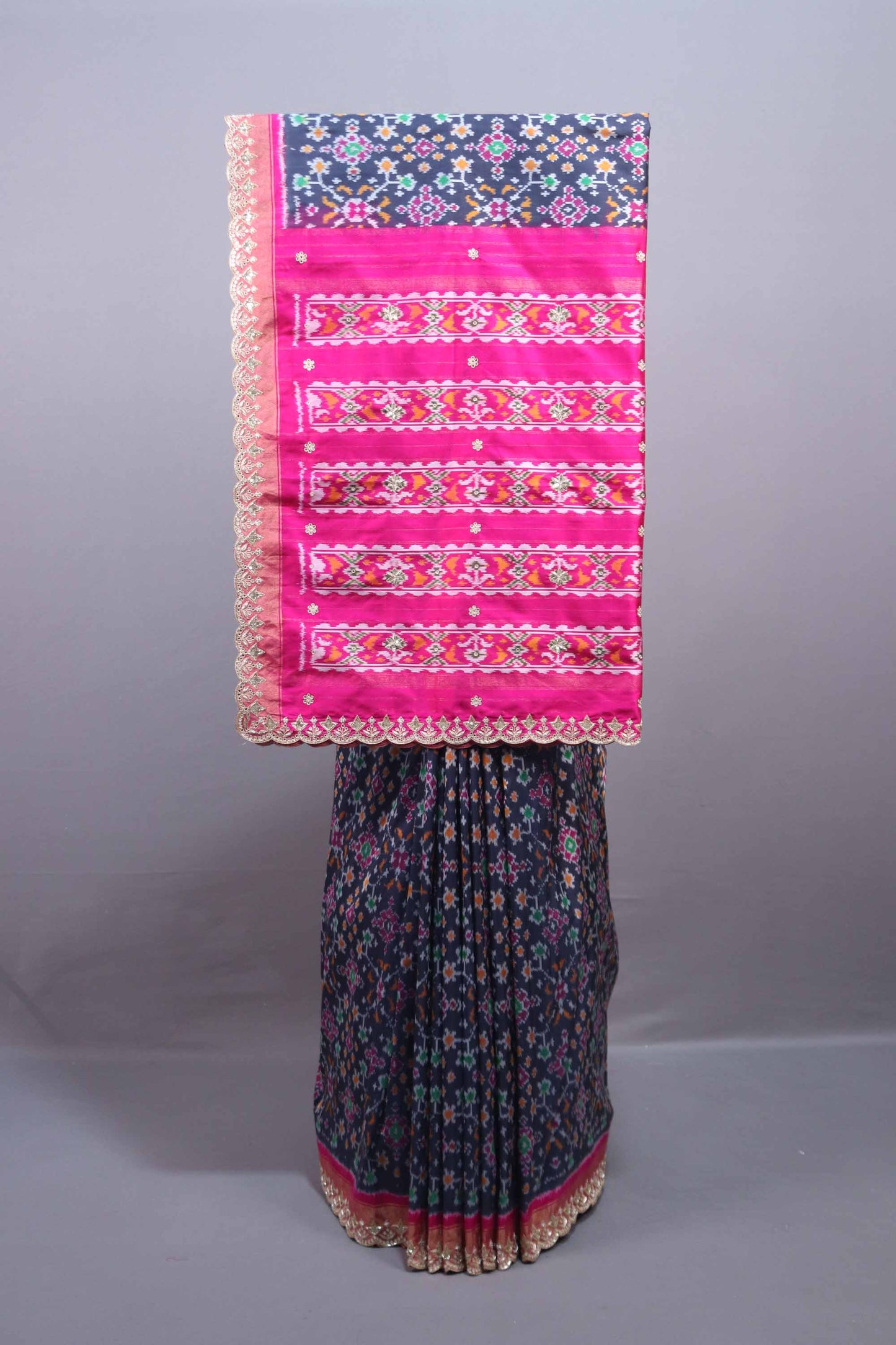 Pink Navy Blue Patola Silk Saree with Ikat Print Zari Lace Border