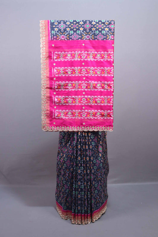 Pink Navy Blue Patola Silk Saree with Ikat Print Zari Lace Border