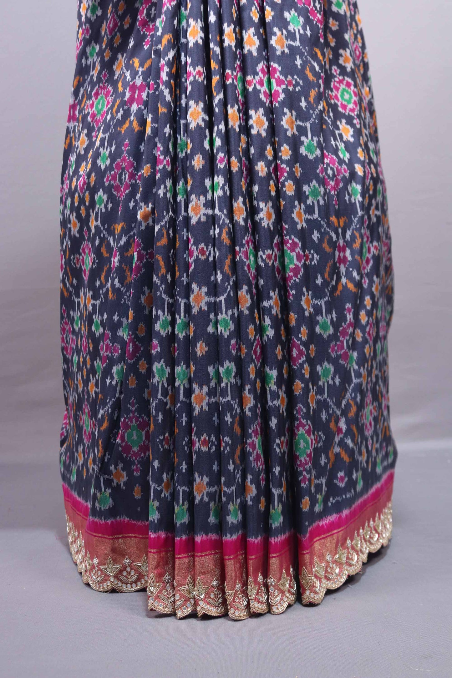 Pink Navy Blue Patola Silk Saree with Ikat Print Zari Lace Border