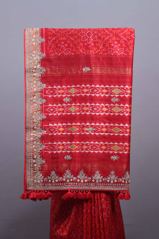 Red Silk Blend Traditional Saree with Silver Zari Border Woven Design