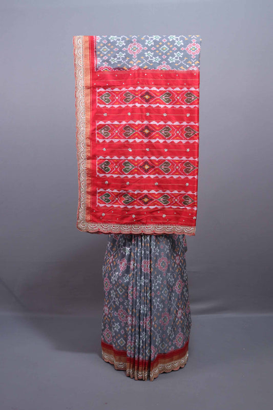 Grey Red Silk Blend Traditional Saree Print Design Golden Zari Border