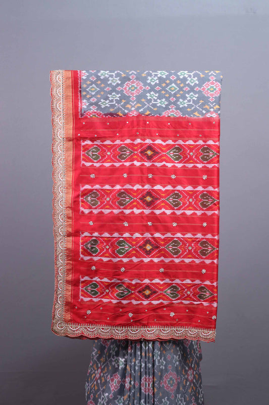 Grey Red Silk Blend Traditional Saree Print Design Golden Zari Border