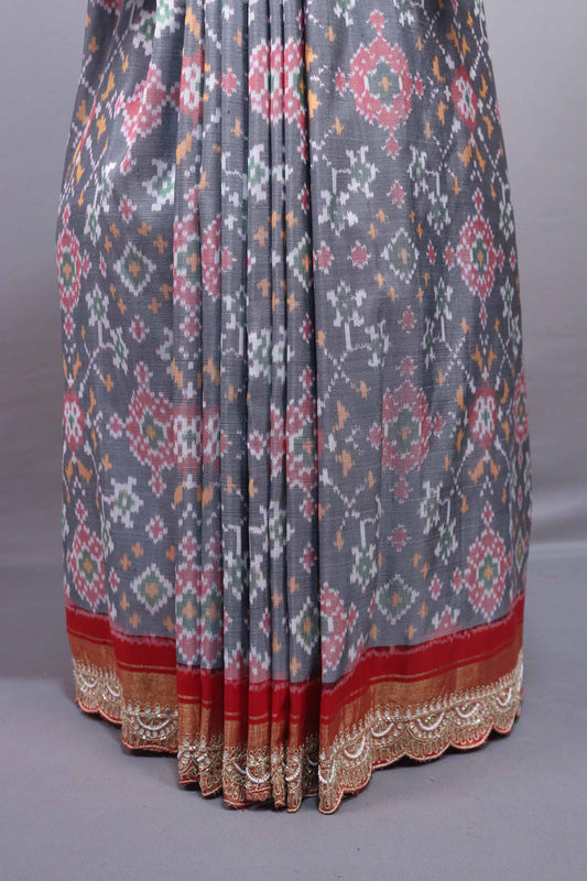 Grey Red Silk Blend Traditional Saree Print Design Golden Zari Border