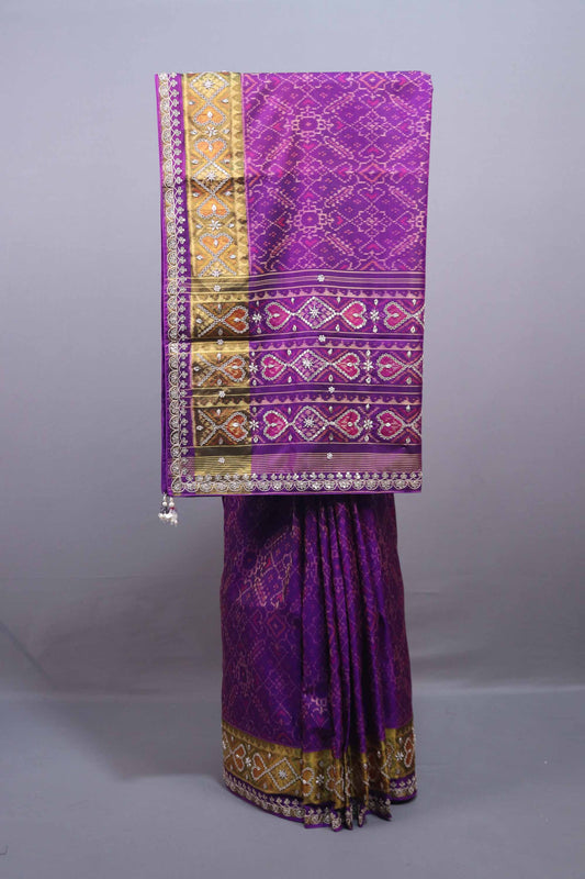 Purple Silk Blend Traditional Saree with Golden Zari Border Woven Design