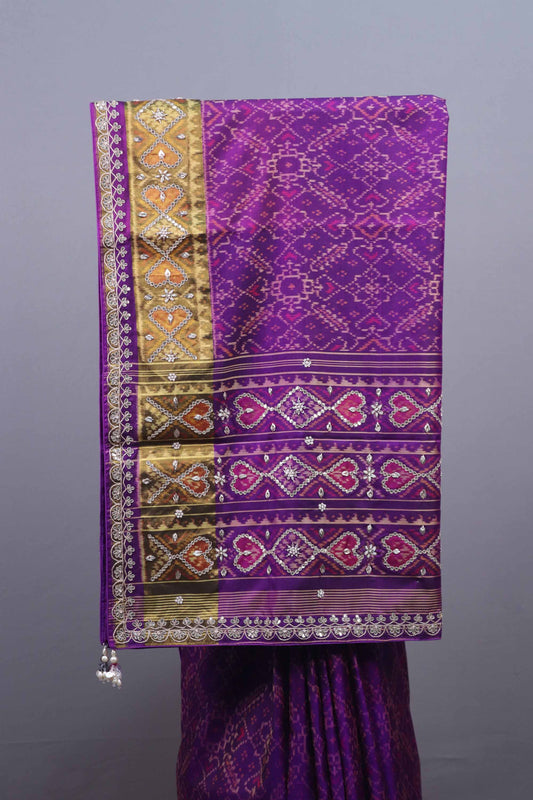 Purple Silk Blend Traditional Saree with Golden Zari Border Woven Design