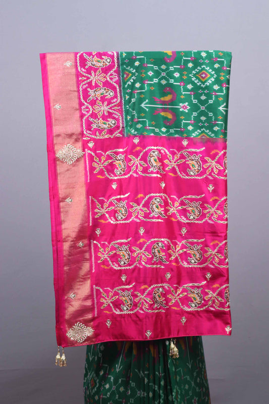 Green Rani Pink Patola Silk Saree Peacock Floral Weaving Saree