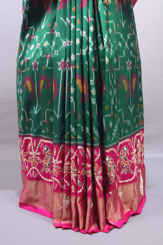 Green Rani Pink Patola Silk Saree Peacock Floral Weaving Saree