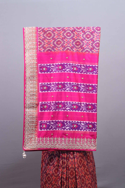 Rani Pink Purple Patola Silk Saree Ikat Weaving Heavy Zari Border