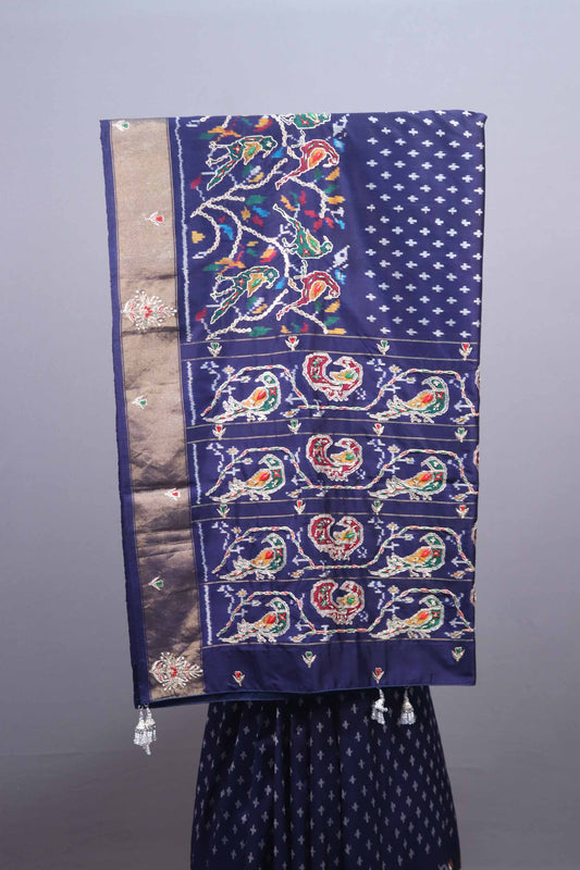 Navy Blue Patola Silk Saree with Peacock Floral Weaving Saree
