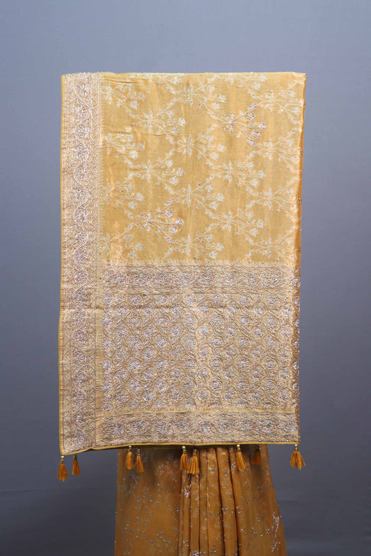 Mustard Yellow Silk Saree with Heavy Silver Zari Embroidery Saree
