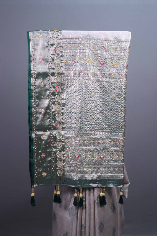 Grey Green Silk Saree Heavy Silver Zari Work Designer Embroidered Pallu