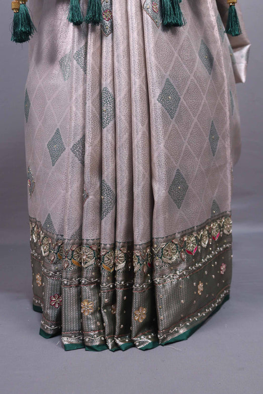 Grey Green Silk Saree Heavy Silver Zari Work Designer Embroidered Pallu