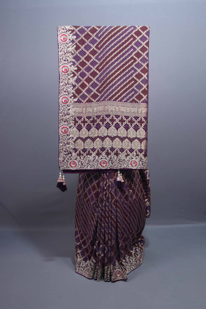 Wine Purple Designer Silk Saree Heavy Gold Zari Embroidery Sare