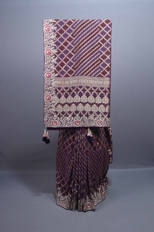 Wine Purple Designer Silk Saree Heavy Gold Zari Embroidery Sare