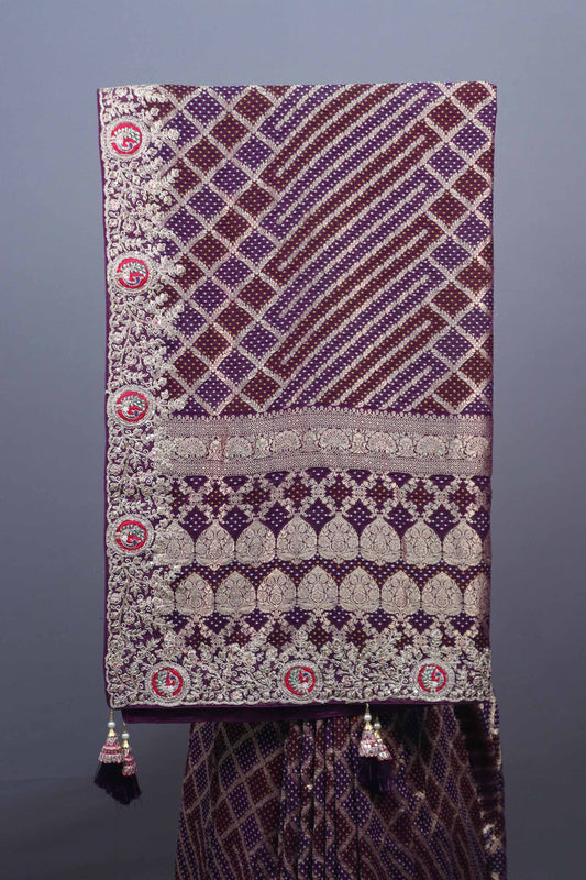 Wine Purple Designer Silk Saree Heavy Gold Zari Embroidery Sare