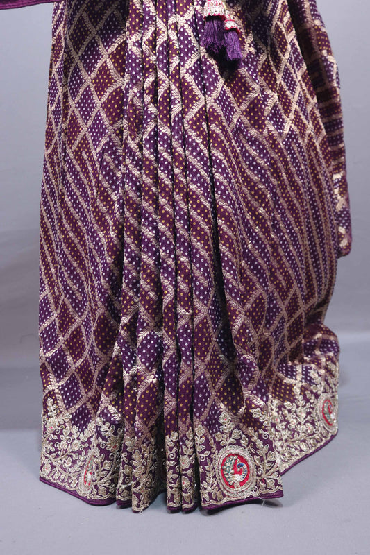 Wine Purple Designer Silk Saree Heavy Gold Zari Embroidery Sare