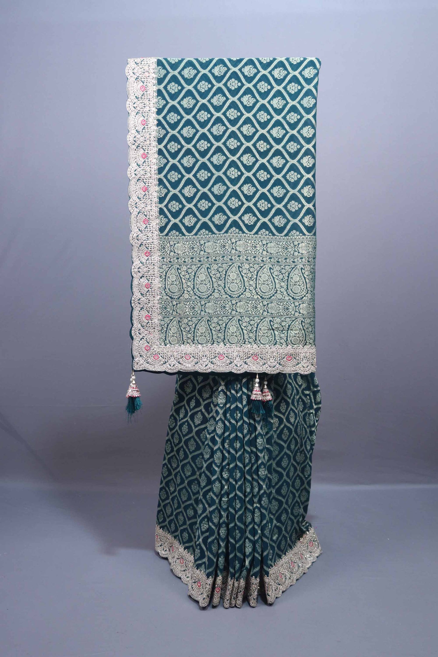 Teal Green Designer Silk Saree with Heavy Silver Zari Paisley Border 