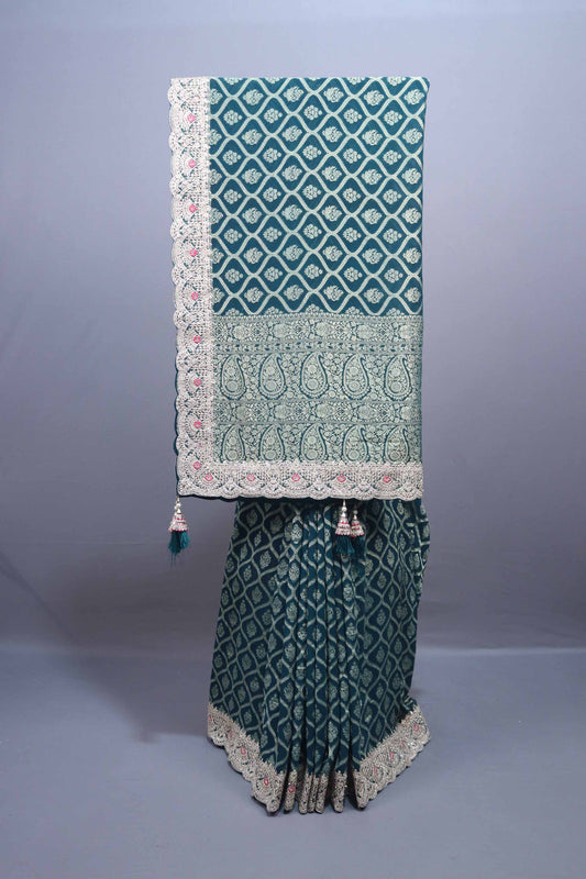 Teal Green Designer Silk Saree with Heavy Silver Zari Paisley Border 