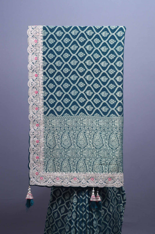 Teal Green Designer Silk Saree with Heavy Silver Zari Paisley Border