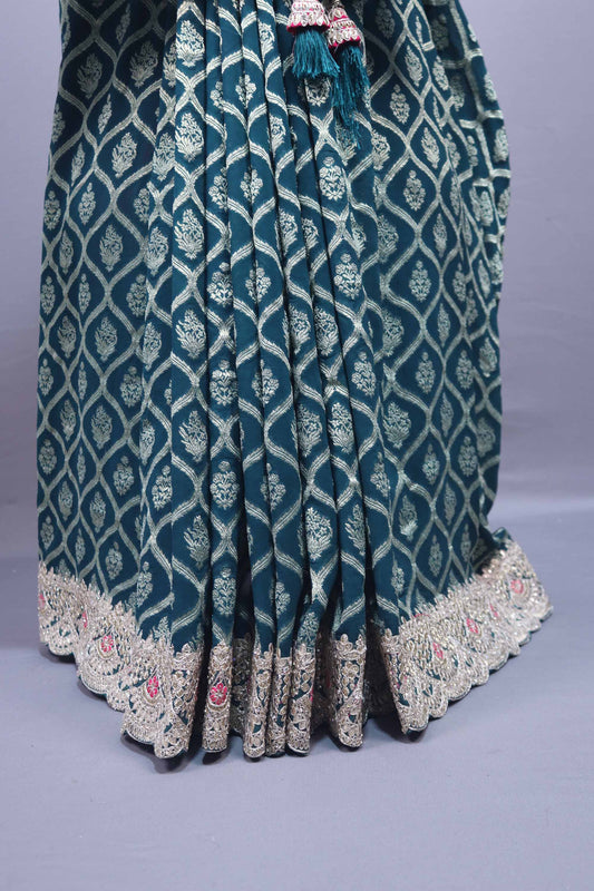 Teal Green Designer Silk Saree with Heavy Silver Zari Paisley Border