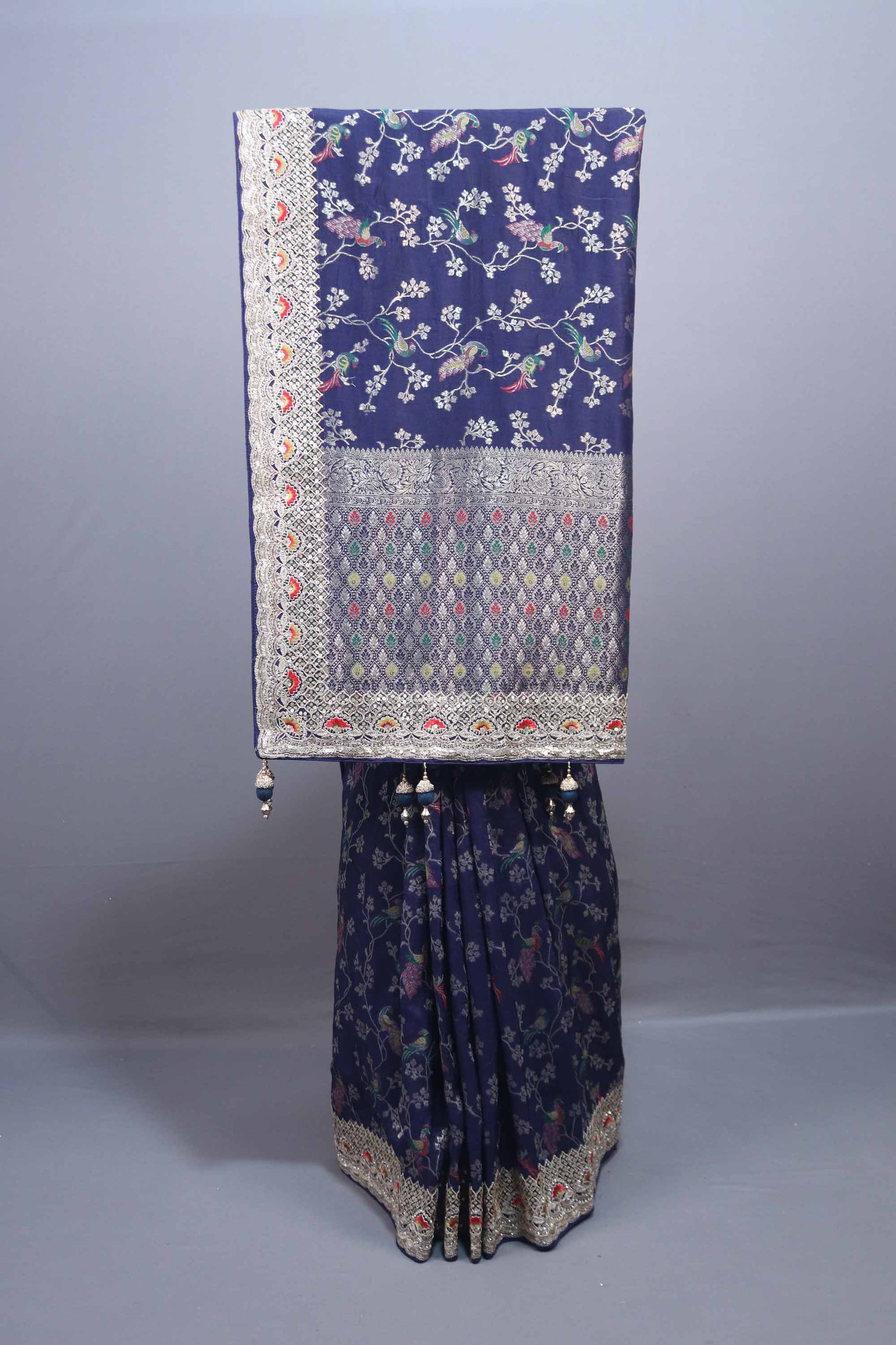 Royal Blue Silk Saree with Silver Zari Border Floral Motifs Saree 