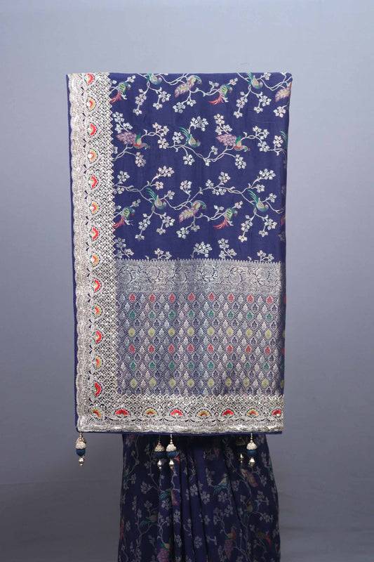 Royal Blue Silk Saree with Silver Zari Border Floral Motifs Saree