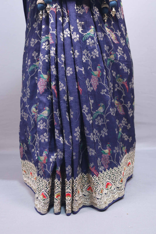 Royal Blue Silk Saree with Silver Zari Border Floral Motifs Saree