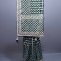 Teal Green Designer Silk Saree Silver Zari Border Geometric Weave Pattern