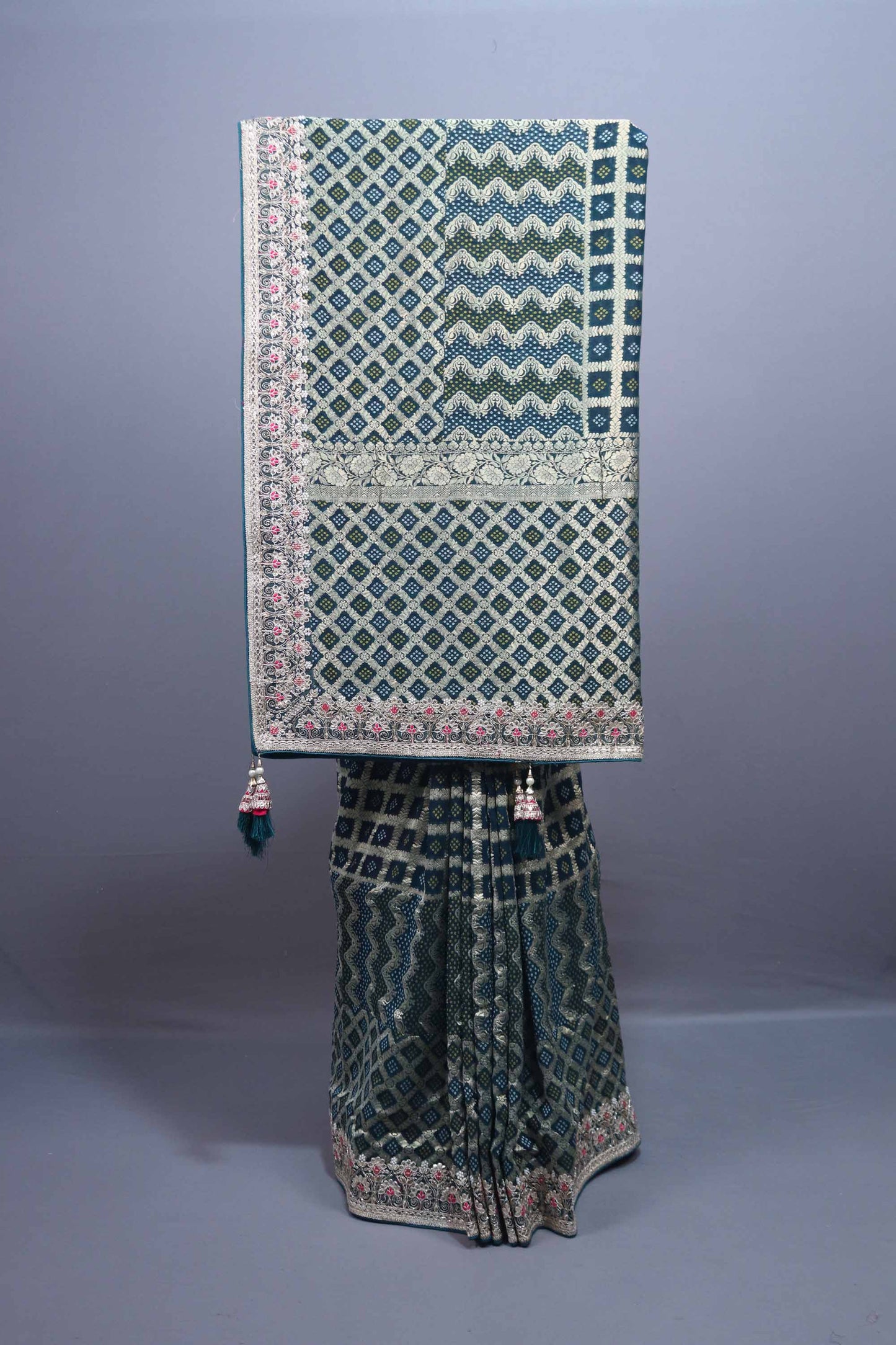 Teal Green Designer Silk Saree Silver Zari Border Geometric Weave Pattern