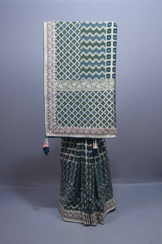 Teal Green Designer Silk Saree Silver Zari Border Geometric Weave Pattern