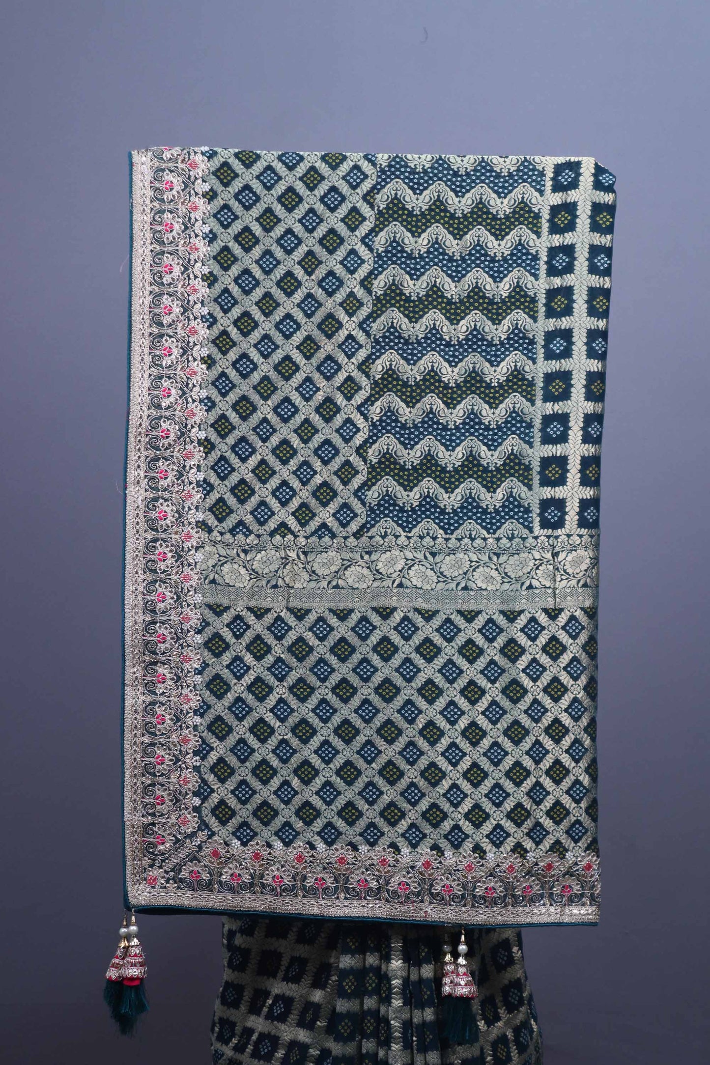 Teal Green Designer Silk Saree Silver Zari Border Geometric Weave Pattern