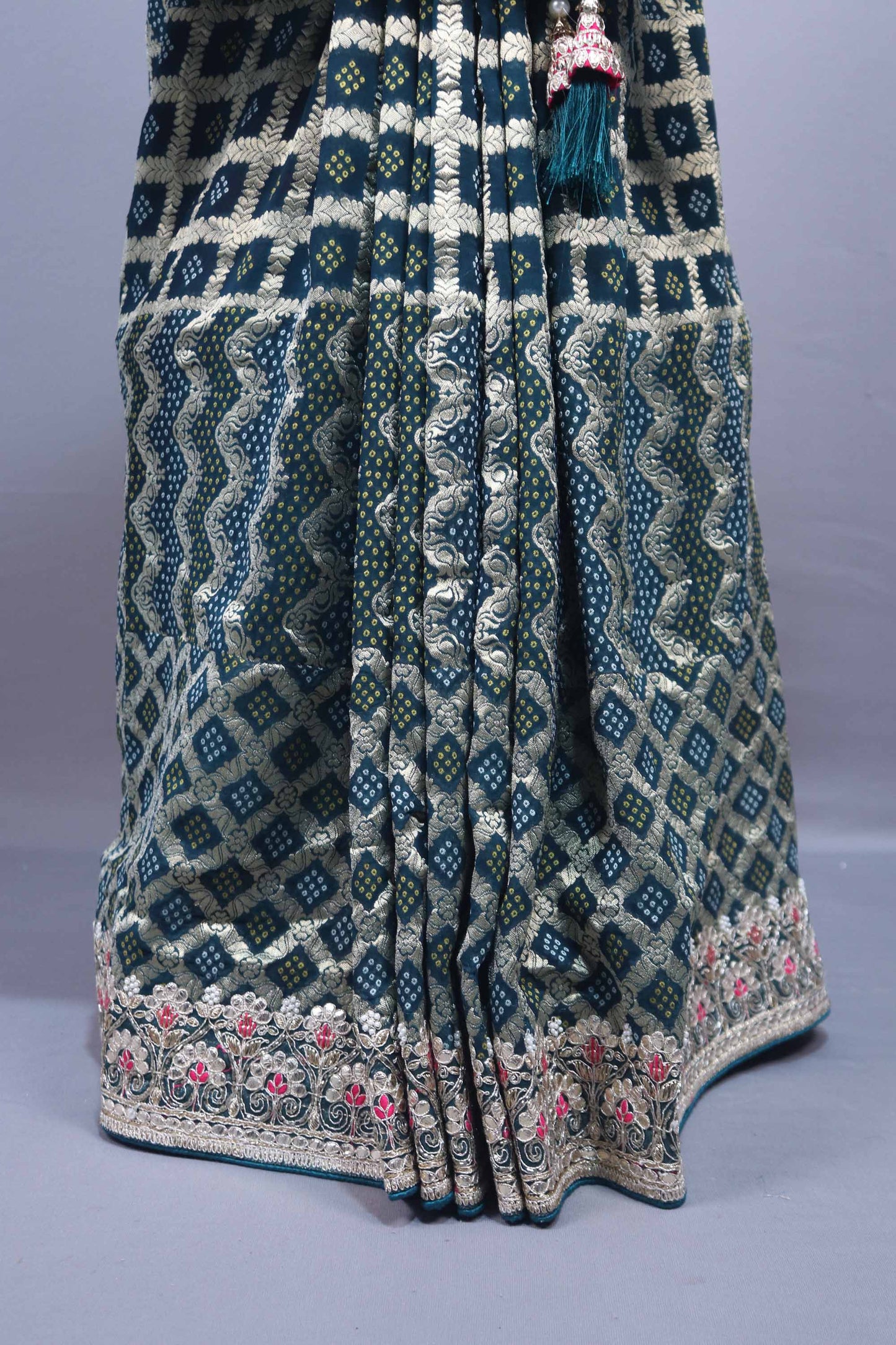 Teal Green Designer Silk Saree Silver Zari Border Geometric Weave Pattern