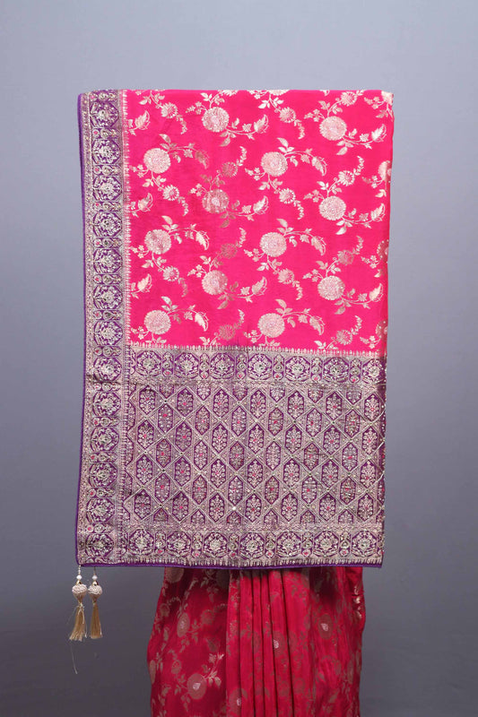 Rani Pink Banarasi Silk Saree Heavy Zari Border Floral Weaving Saree