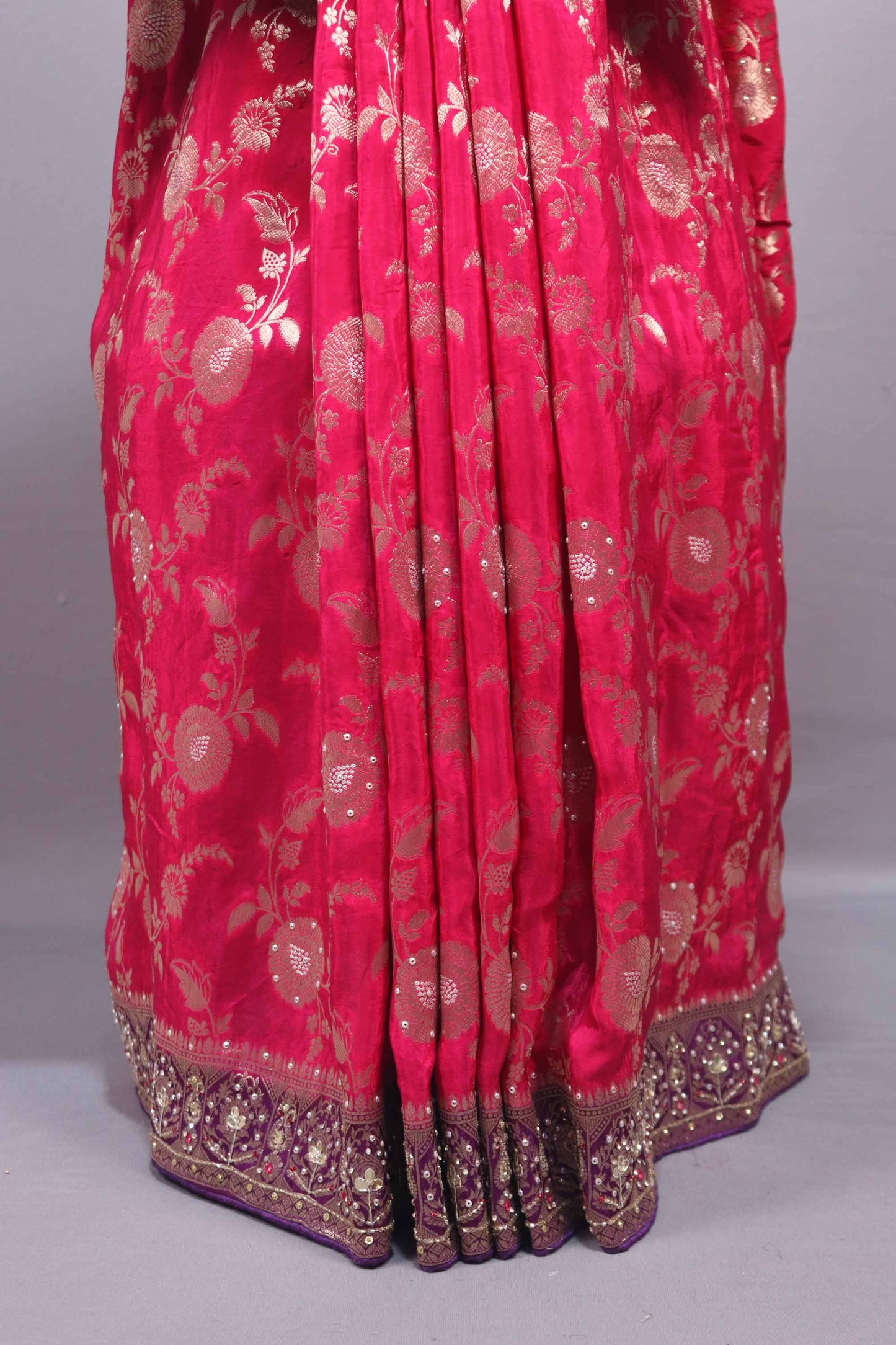 Rani Pink Banarasi Silk Saree Heavy Zari Border Floral Weaving Saree