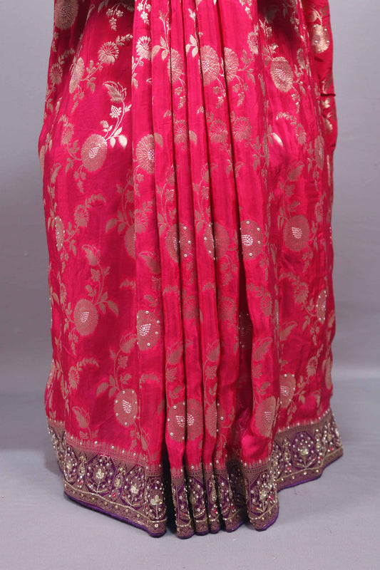 Rani Pink Banarasi Silk Saree Heavy Zari Border Floral Weaving Saree