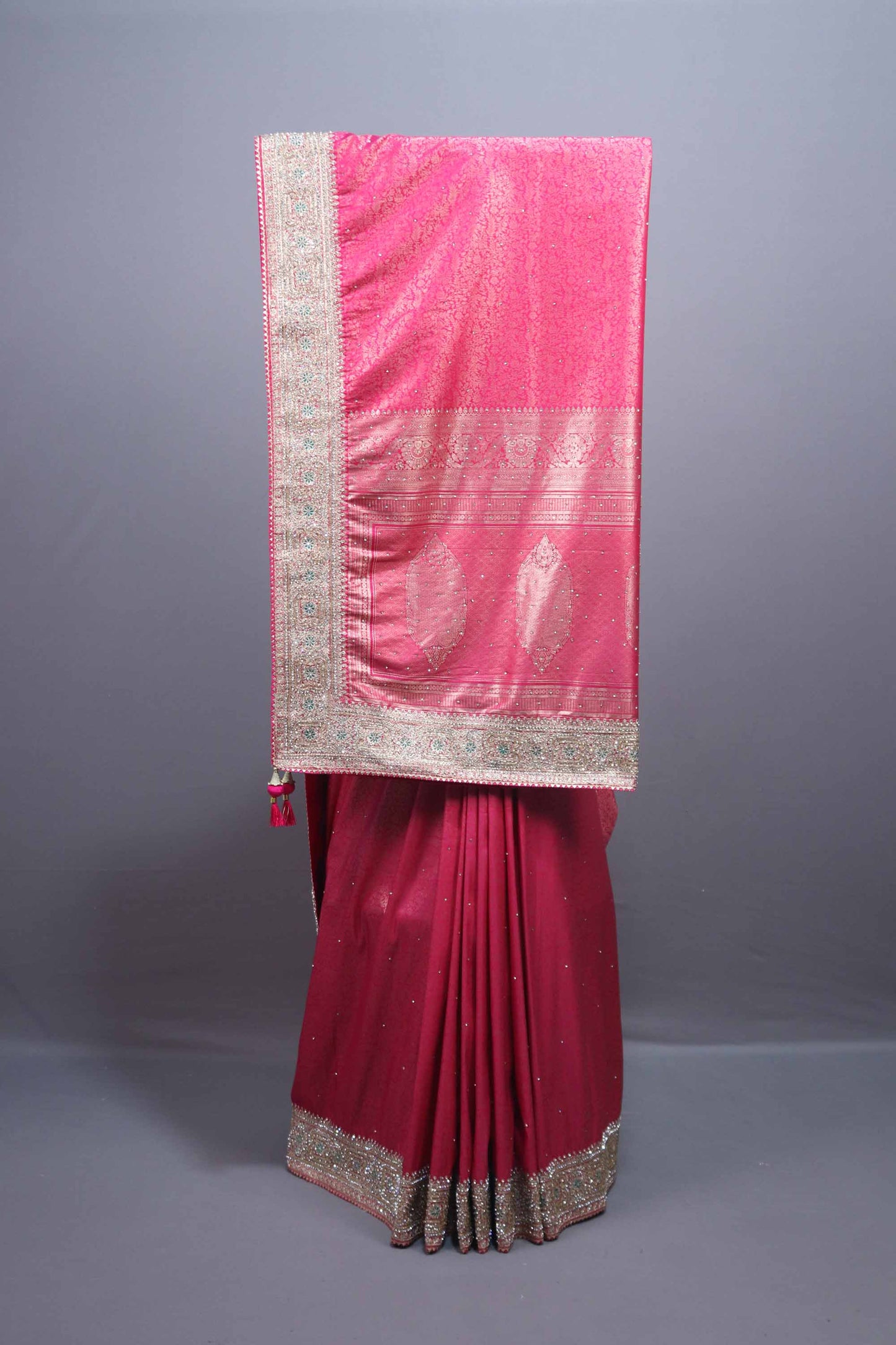Rani Pink Designer Silk Saree Heavy Embroidered Border Stone Work 