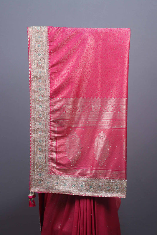 Rani Pink Designer Silk Saree Heavy Embroidered Border Stone Work