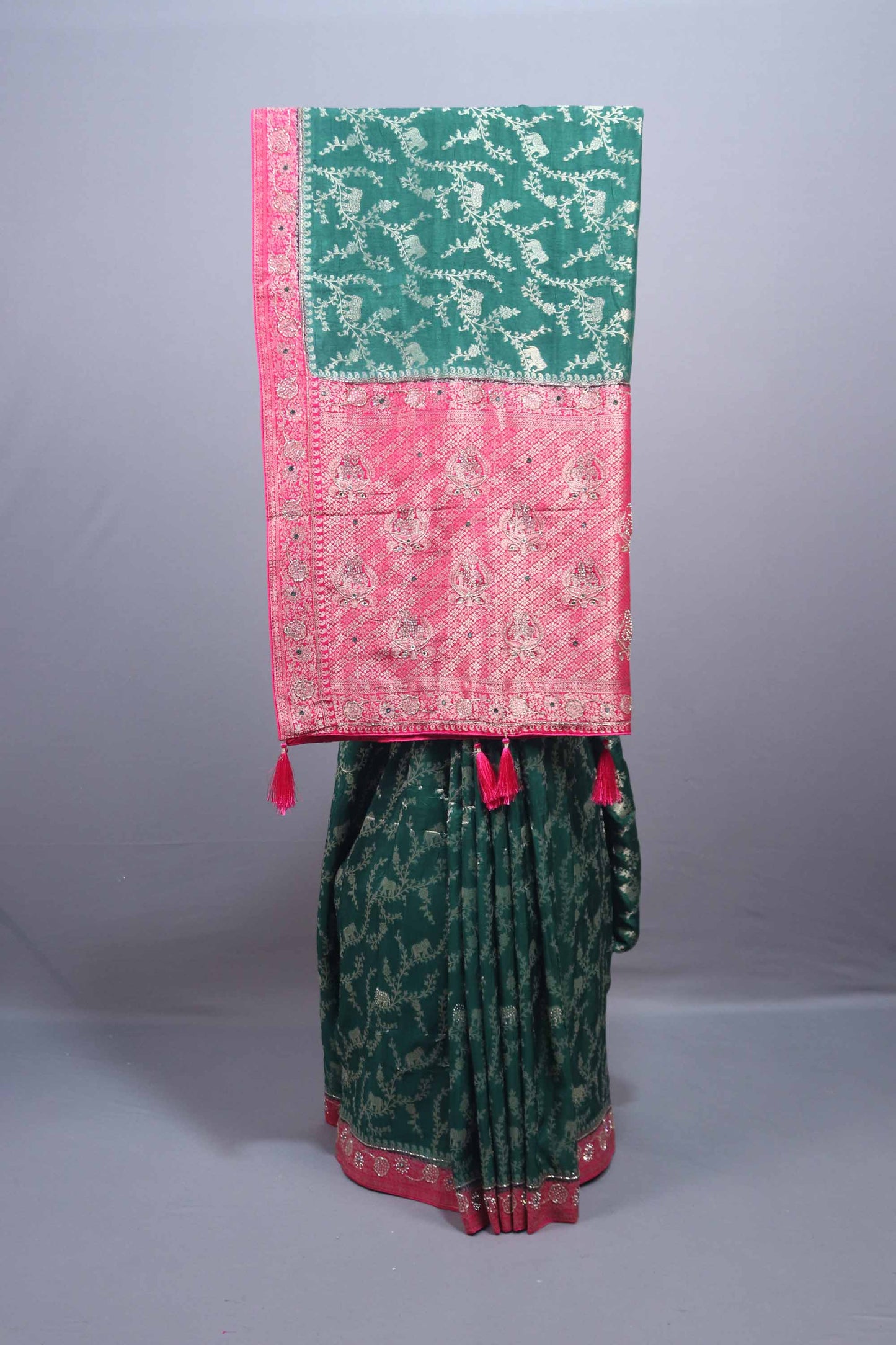 Green Banarasi Silk Saree Pink Contrast Border Zari Weaving Saree