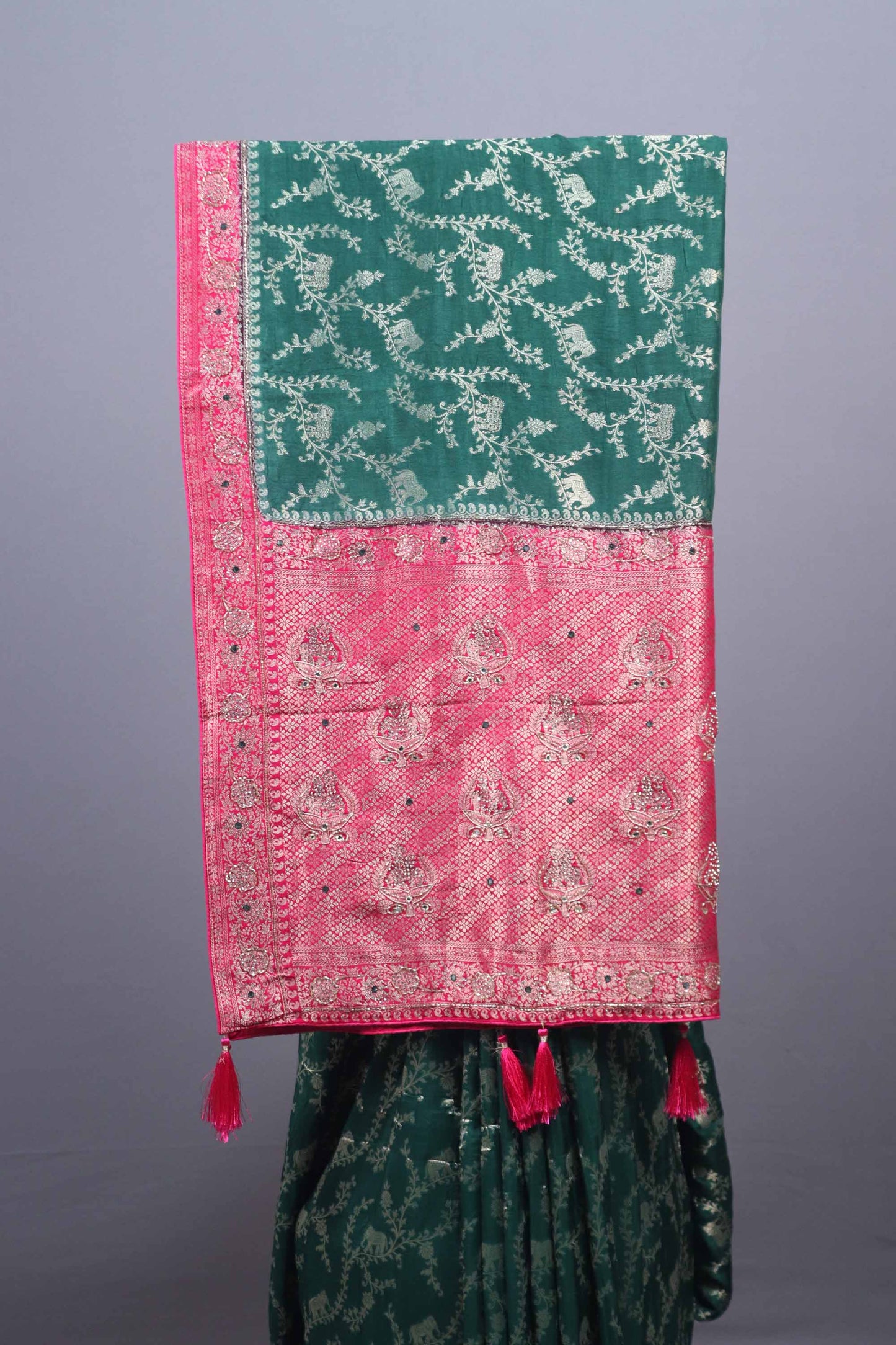 Green Banarasi Silk Saree Pink Contrast Border Zari Weaving Saree