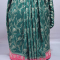 Green Banarasi Silk Saree Pink Contrast Border Zari Weaving Saree