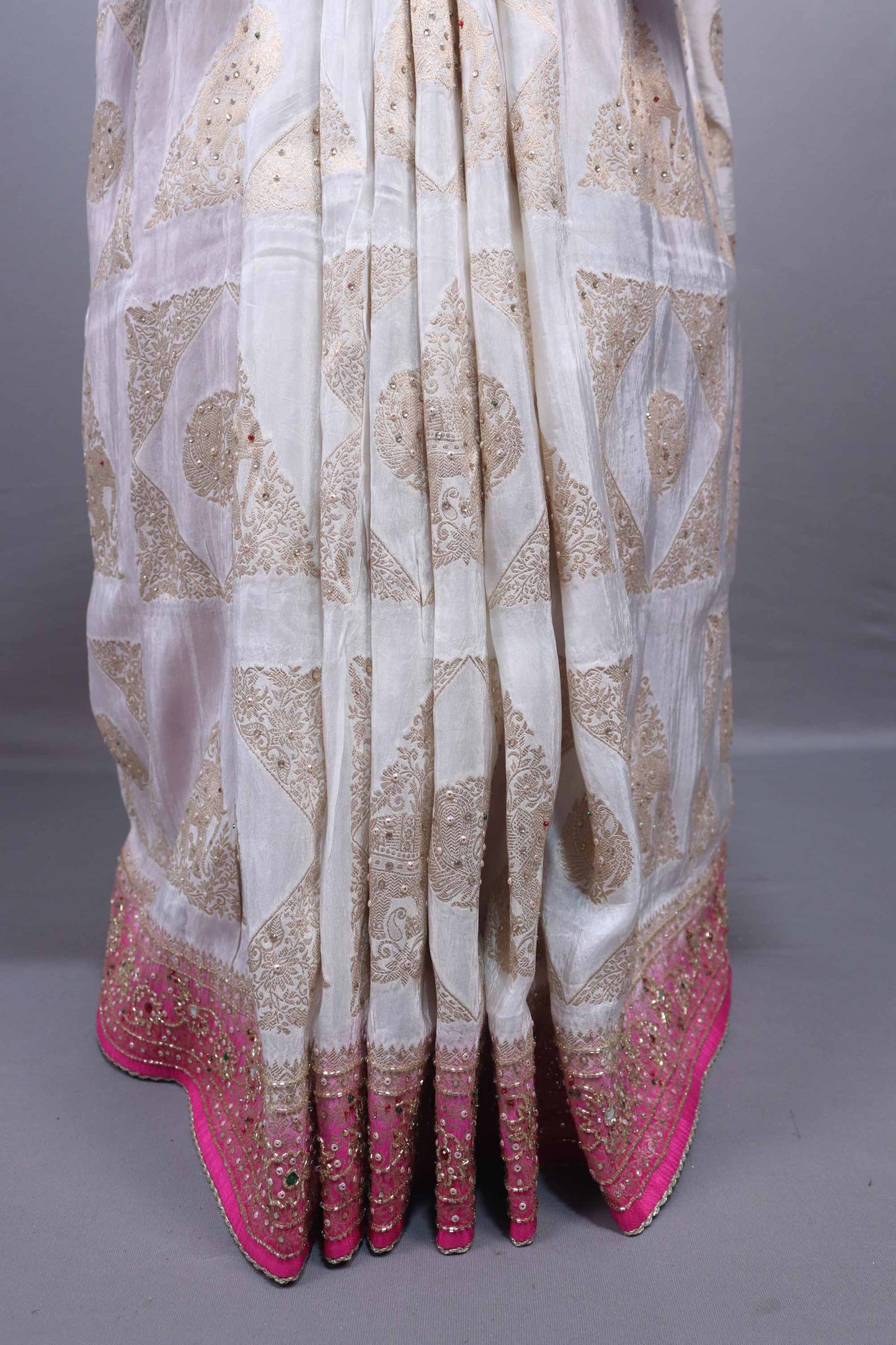 White Pink Designer Silk Saree with Heavy Embroidered Border