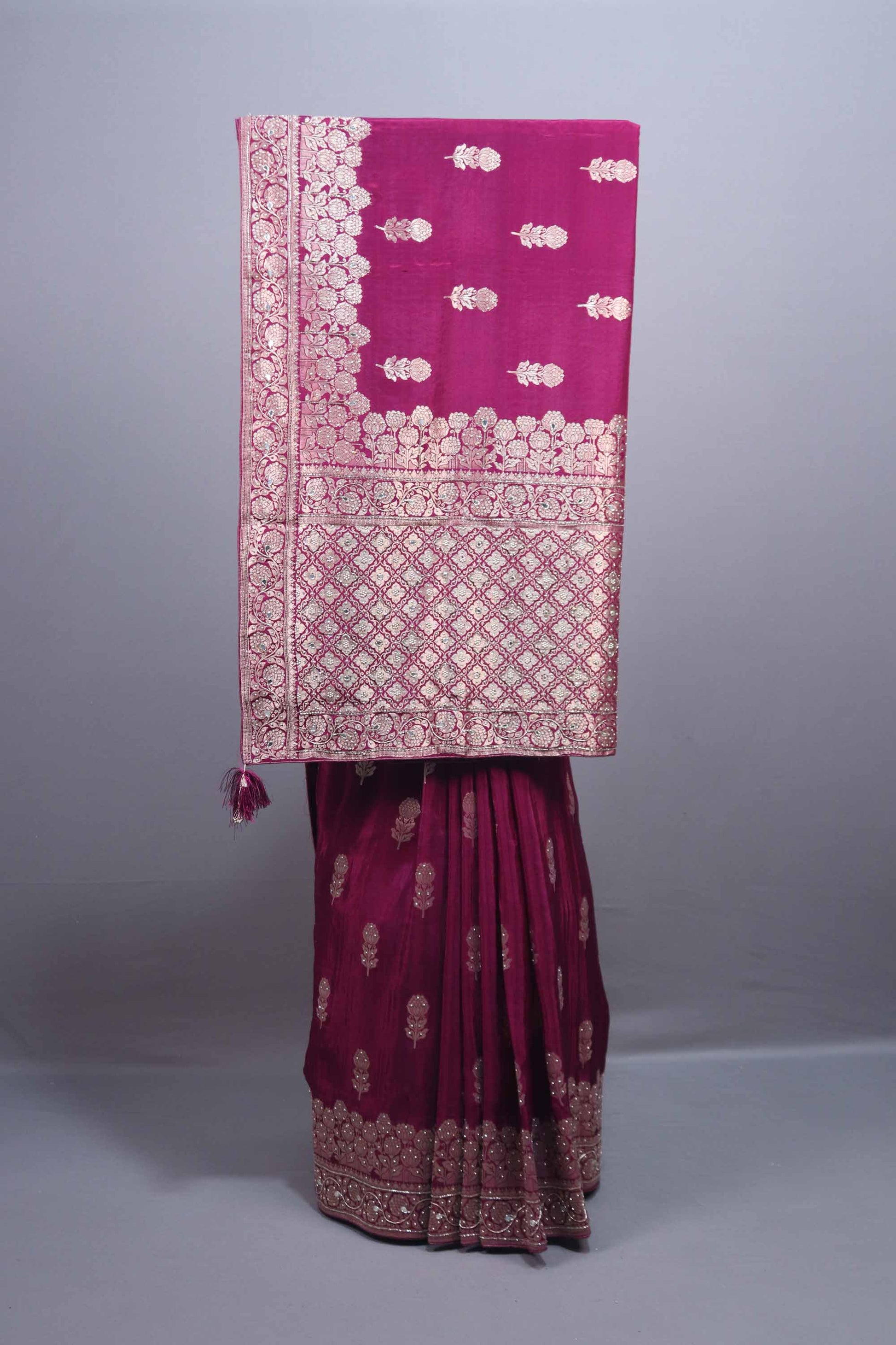 Wine Purple Banarasi Silk Saree Rich Zari Weaving Heavy Border